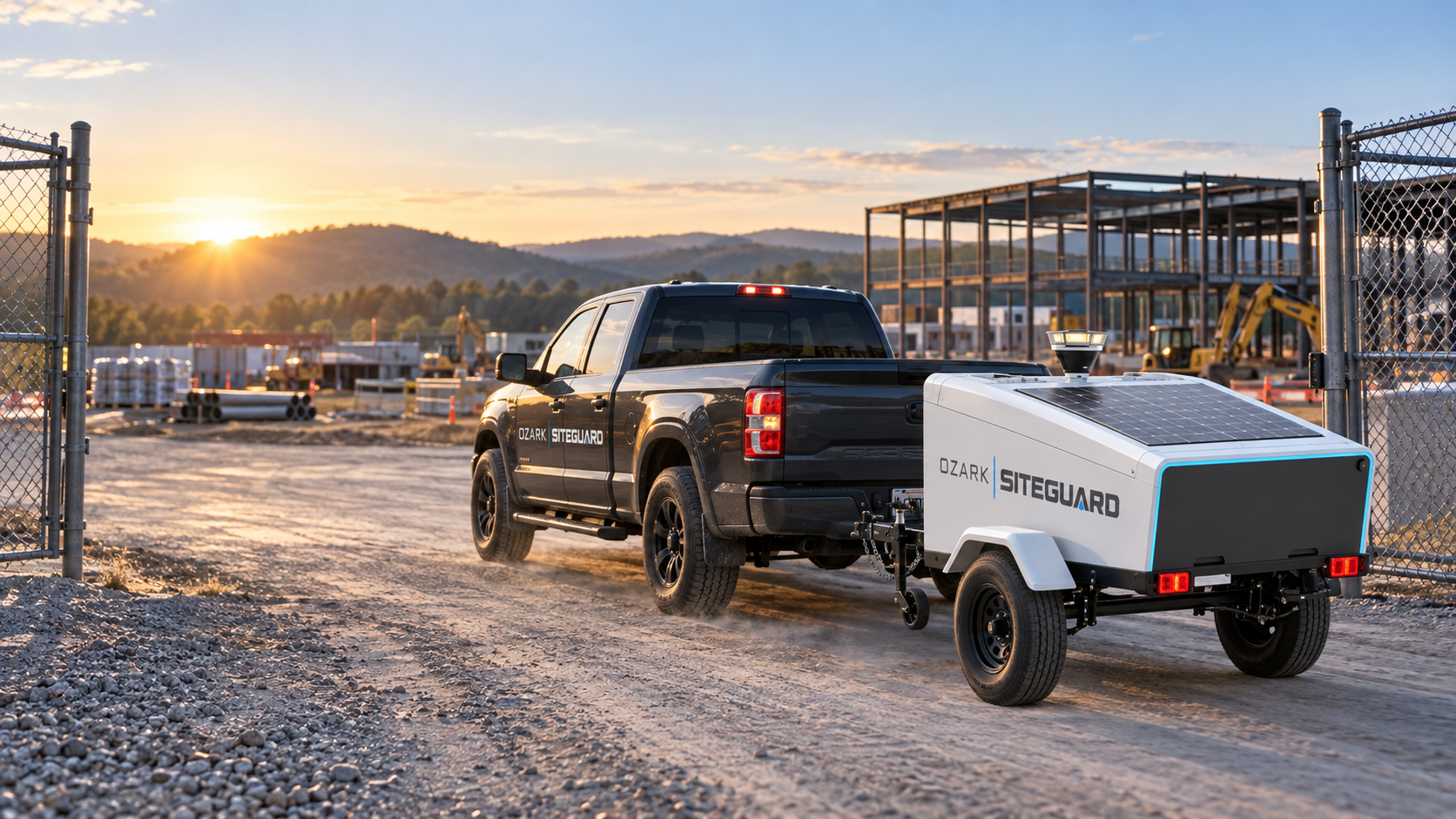Pickup truck towing an Ozark SiteGuard surveillance tower to a Northwest Arkansas jobsite at sunset